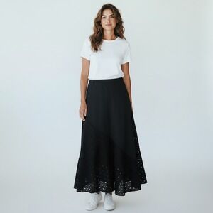 ATHENA MARIE Black Linen Eyelet Lace Maxi Skirt Sz Long Skirt Minimalist‎